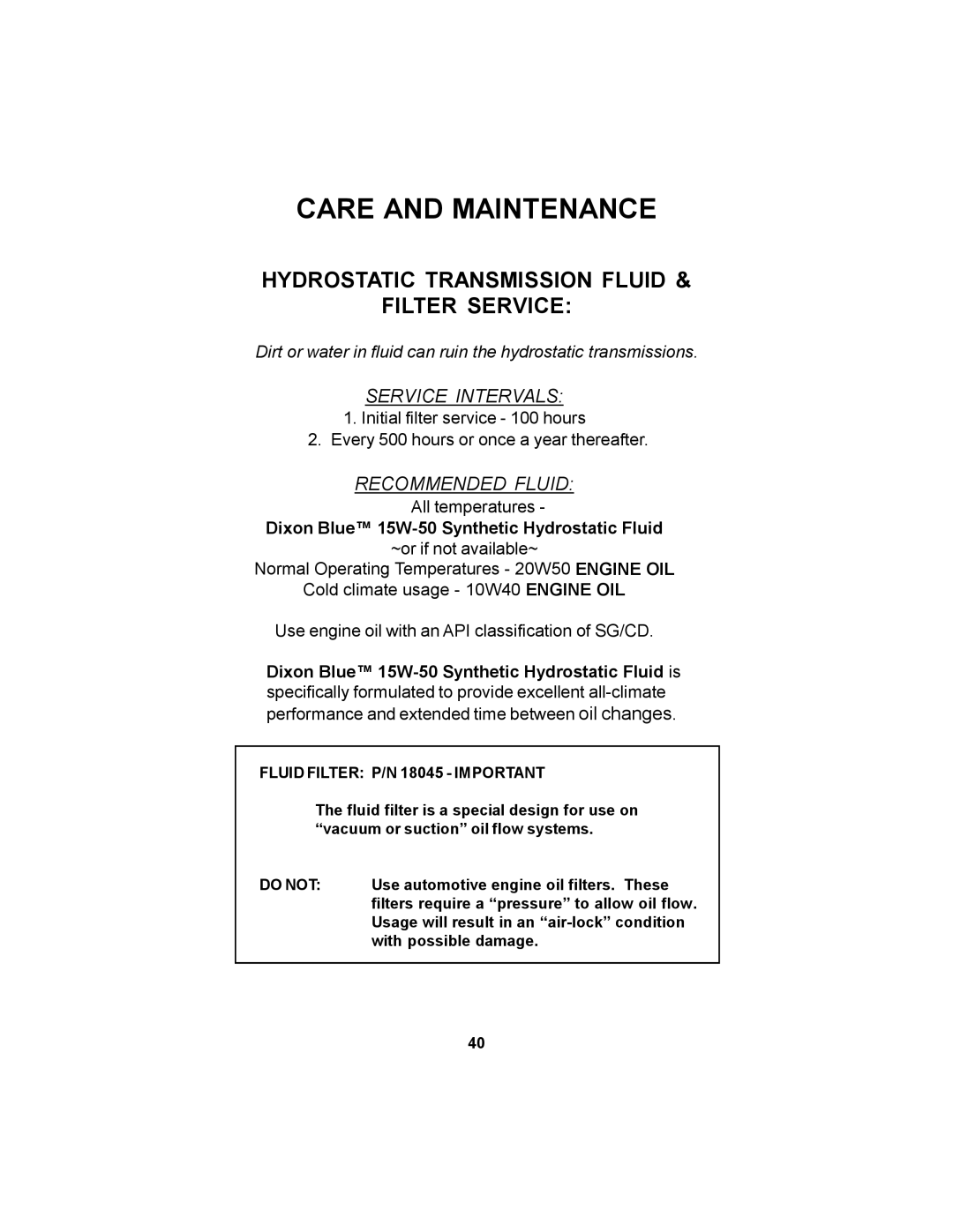 Dixon 12881-106 manual Hydrostatic Transmission Fluid Filter Service, Recommended Fluid 