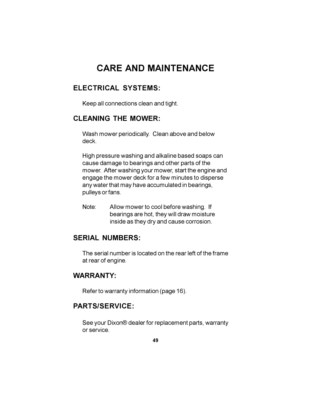 Dixon 12881-106 manual Electrical Systems, Cleaning the Mower, Serial Numbers, Warranty, Parts/Service 