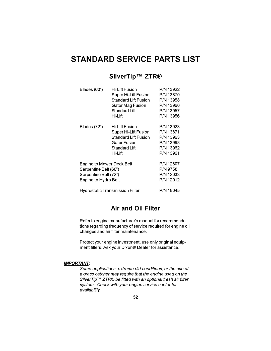 Dixon 12881-106 manual Standard Service Parts List, SilverTip ZTR, Air and Oil Filter 