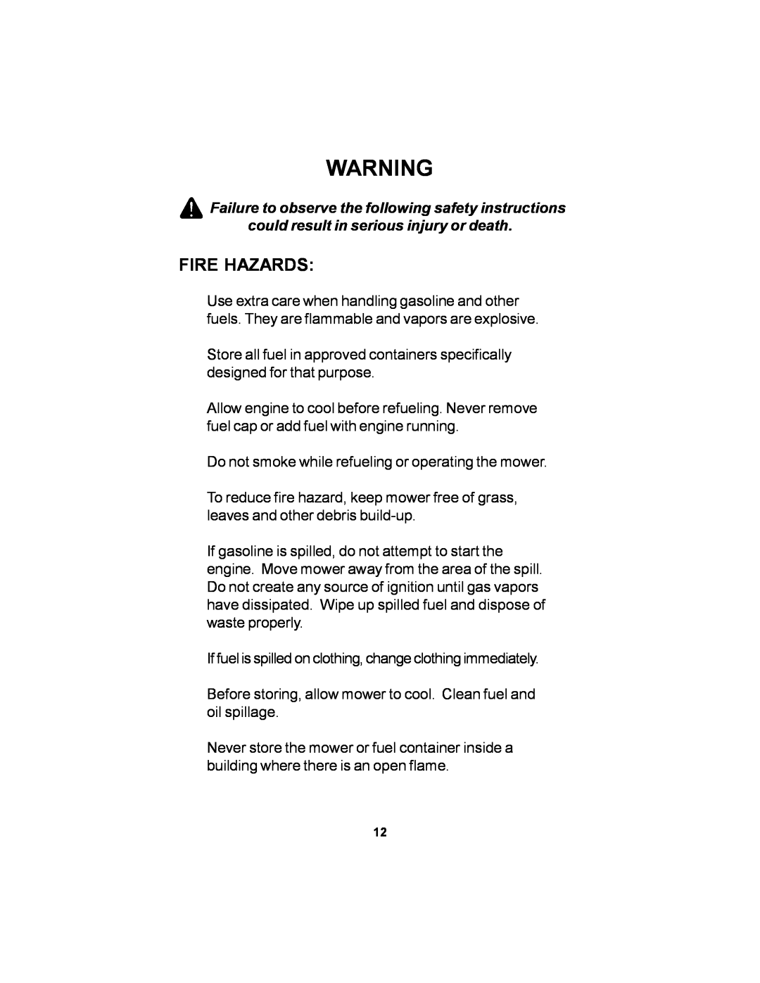 Dixon 12881-106 manual Fire Hazards 
