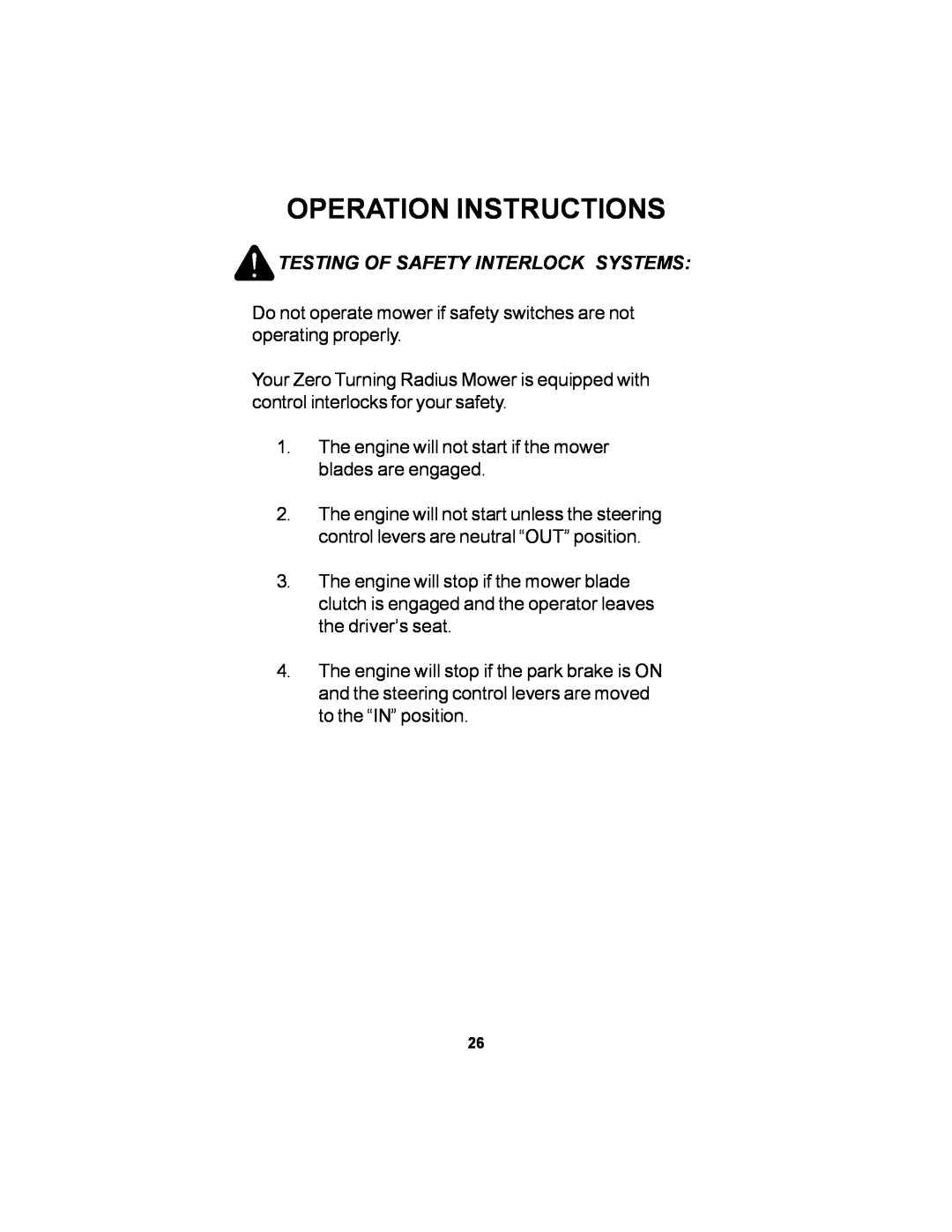 Dixon 12881-106 manual Operation Instructions, Testing Of Safety Interlock Systems 