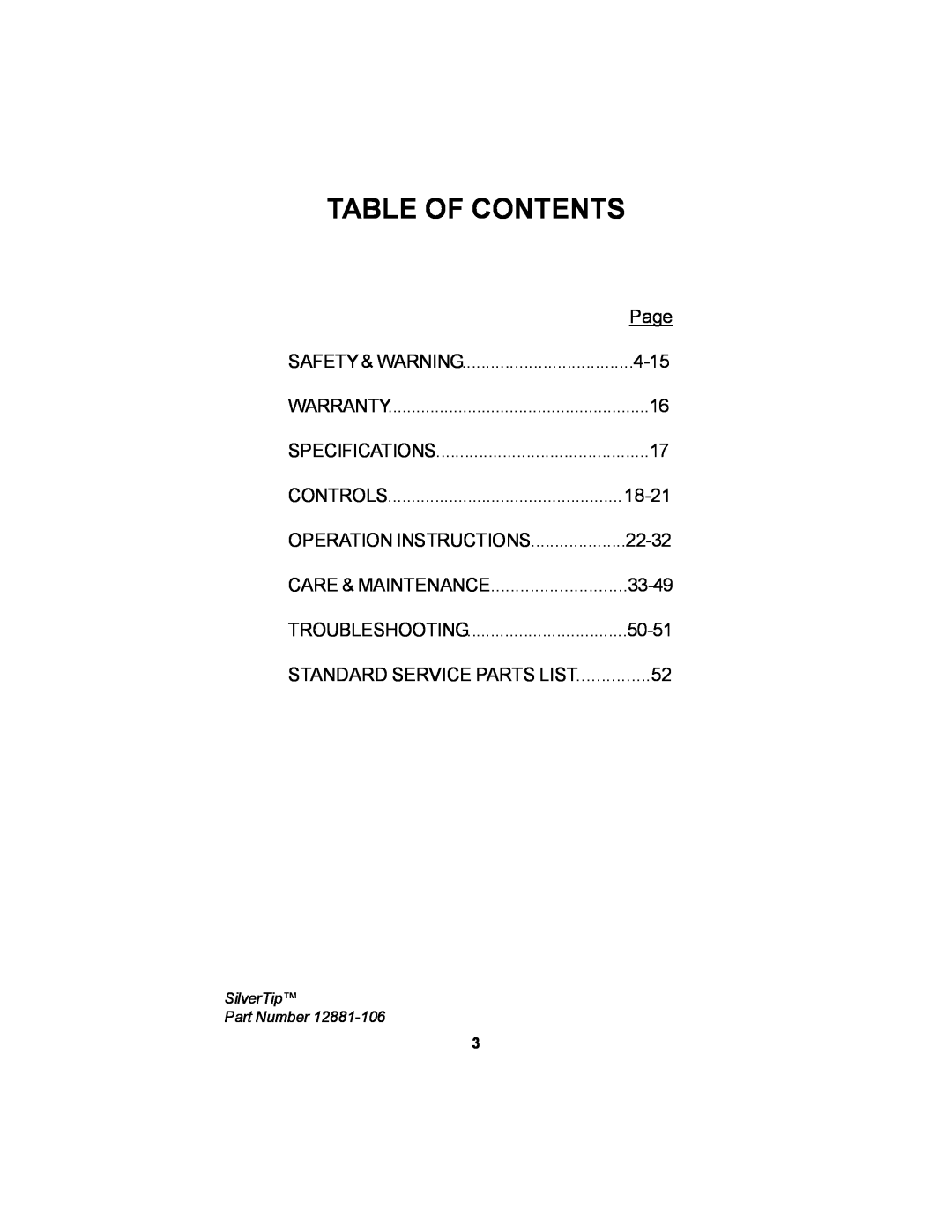 Dixon 12881-106 Table Of Contents, Page, 4-15, Controls, 18-21, 22-32, 33-49, 50-51, Standard Service Parts List, Warranty 