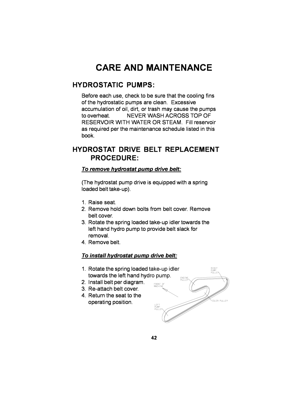 Dixon 12881-106 manual Hydrostatic Pumps, Hydrostat Drive Belt Replacement Procedure, Care And Maintenance 