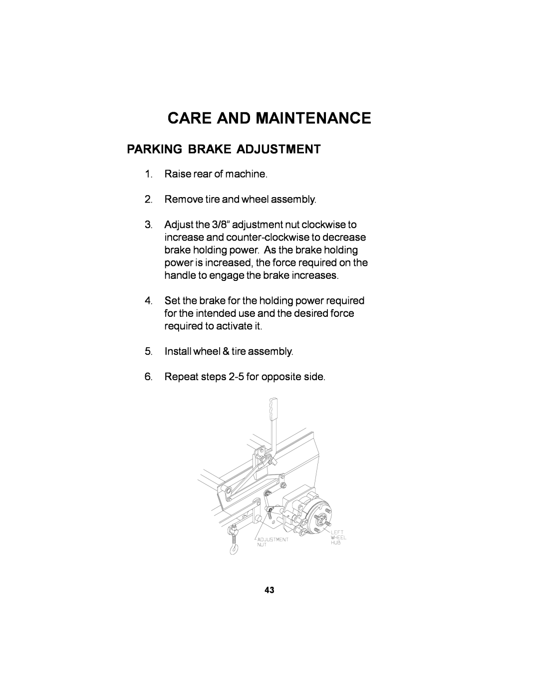 Dixon 12881-106 manual Parking Brake Adjustment, Care And Maintenance 