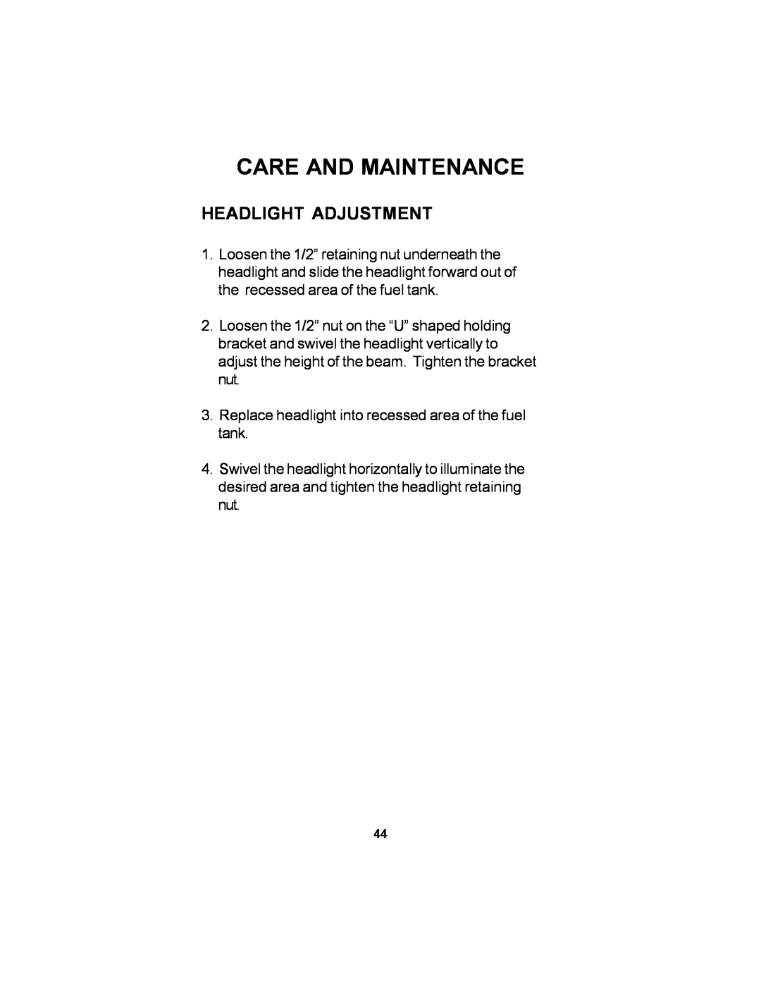Dixon 12881-106 manual Headlight Adjustment, Care And Maintenance 