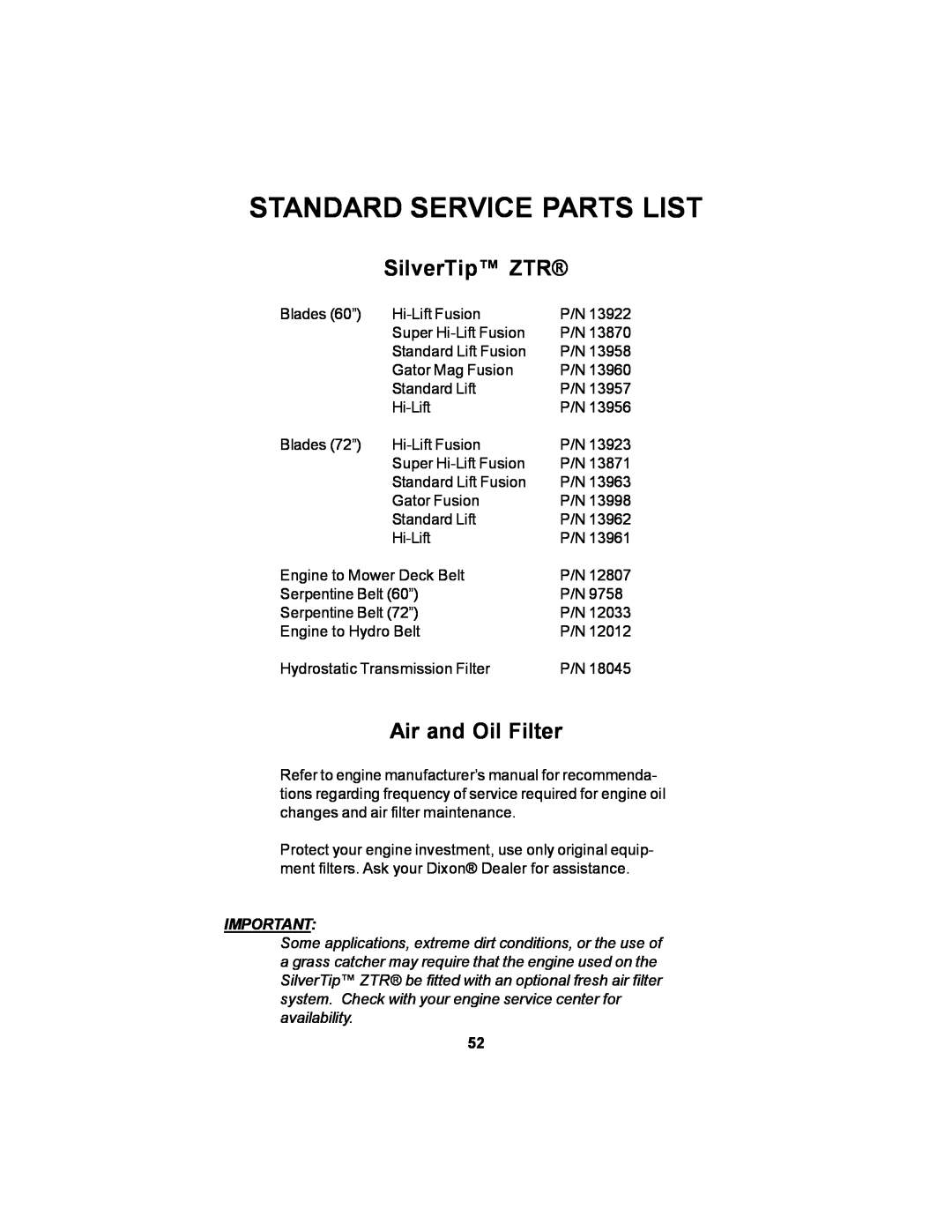 Dixon 12881-106 manual Standard Service Parts List, SilverTip ZTR, Air and Oil Filter 