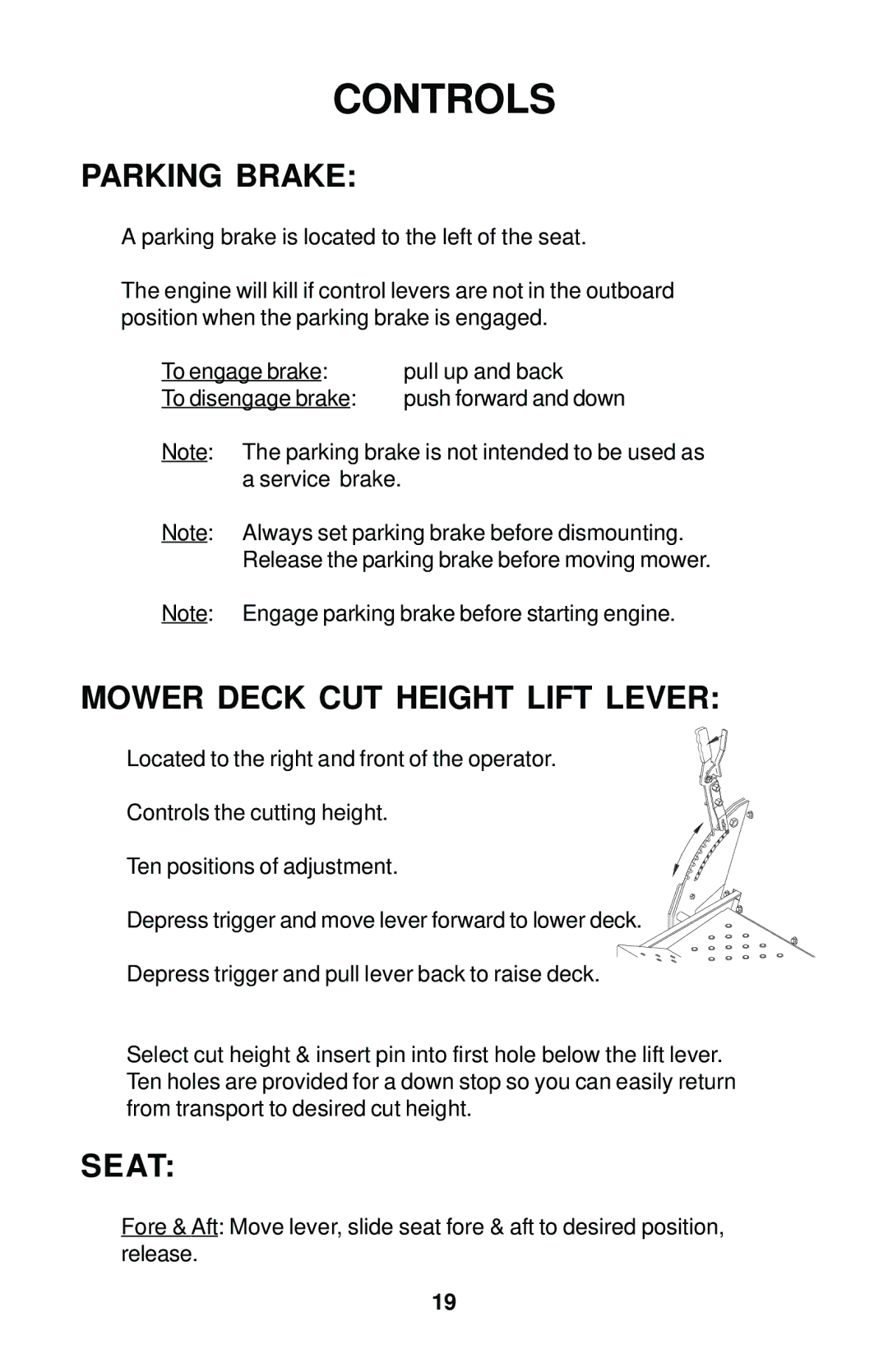Dixon 12881-1104 manual Parking Brake, Mower Deck CUT Height Lift Lever, Seat 