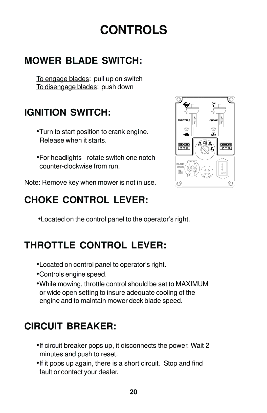 Dixon 12881-1104 manual Mower Blade Switch, Ignition Switch, Choke Control Lever, Throttle Control Lever, Circuit Breaker 