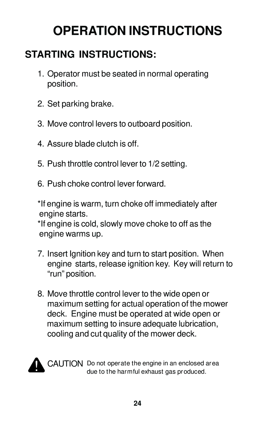 Dixon 12881-1104 manual Starting Instructions 