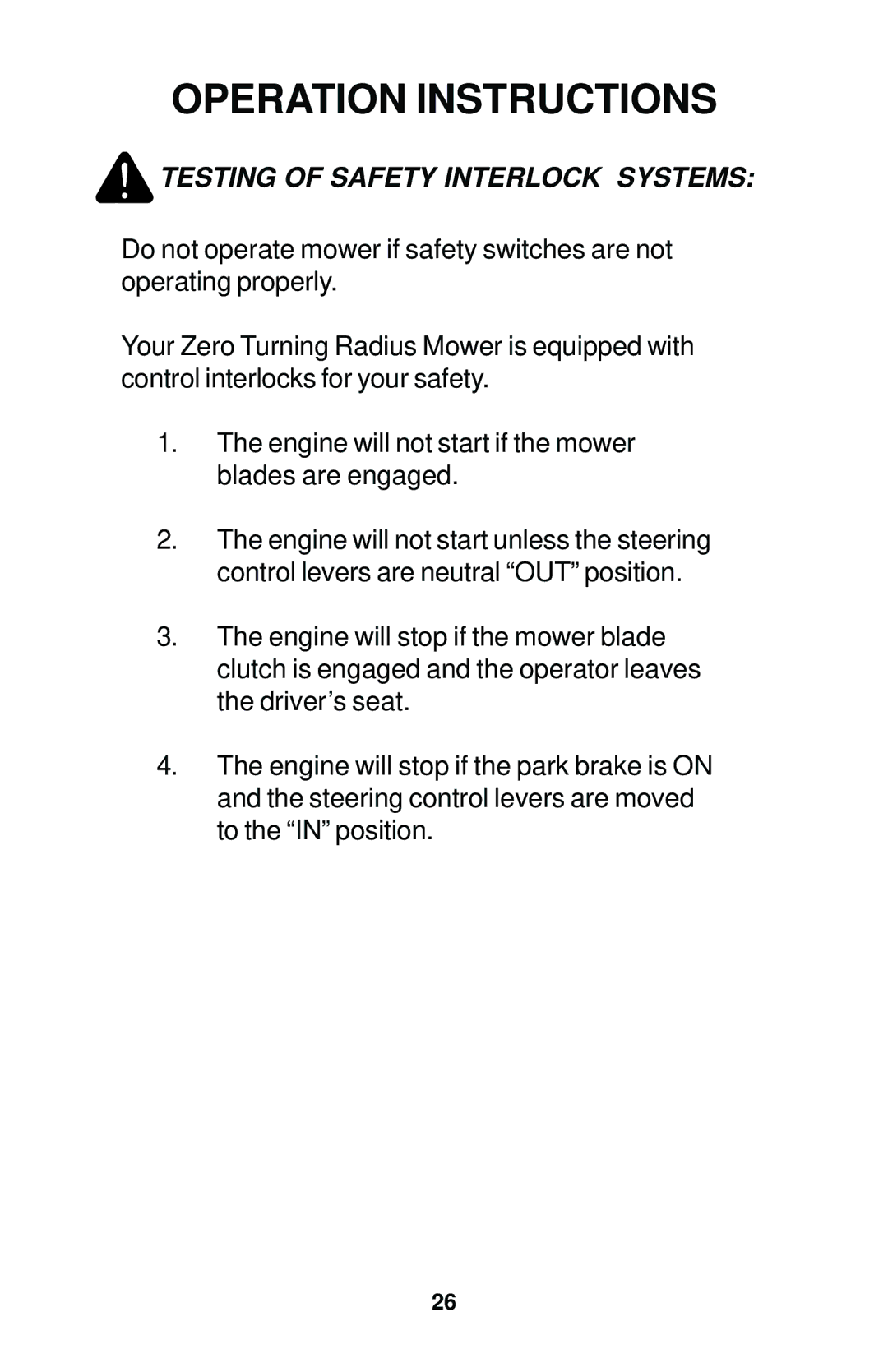 Dixon 12881-1104 manual Testing of Safety Interlock Systems 