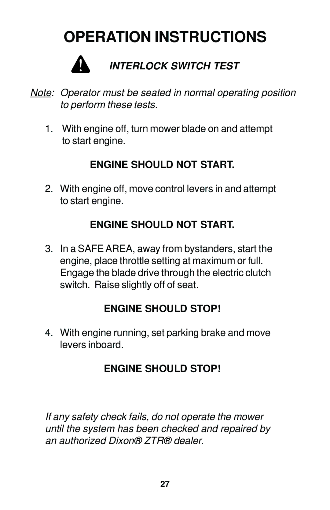 Dixon 12881-1104 manual Interlock Switch Test 