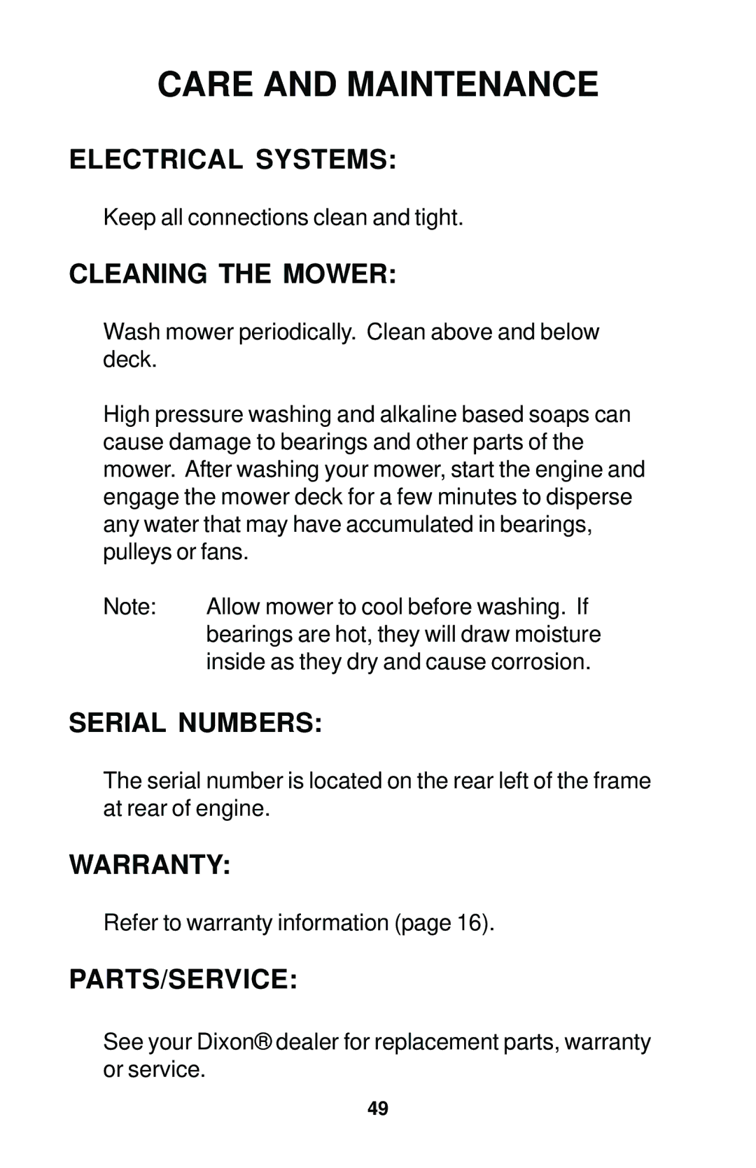 Dixon 12881-1104 manual Electrical Systems, Cleaning the Mower, Serial Numbers, Warranty, Parts/Service 