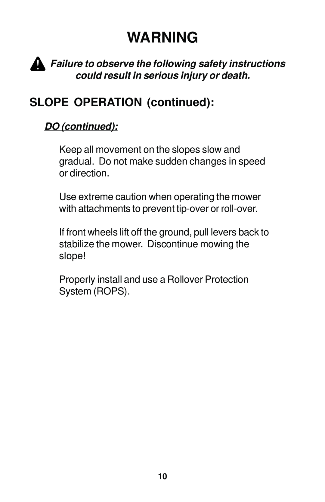 Dixon 12881-1104 manual SLOPE OPERATION continued 