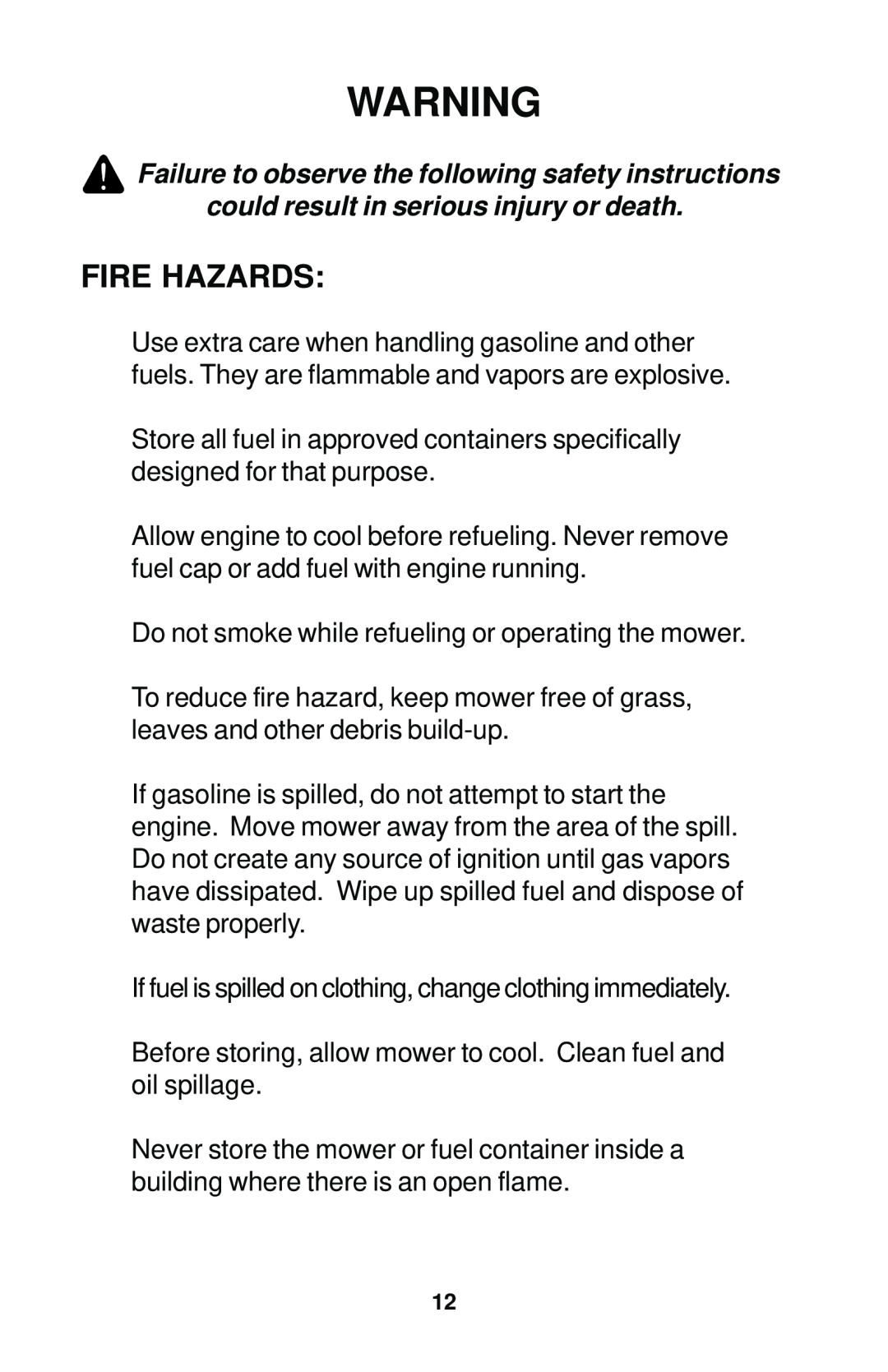 Dixon 12881-1104 manual Fire Hazards 