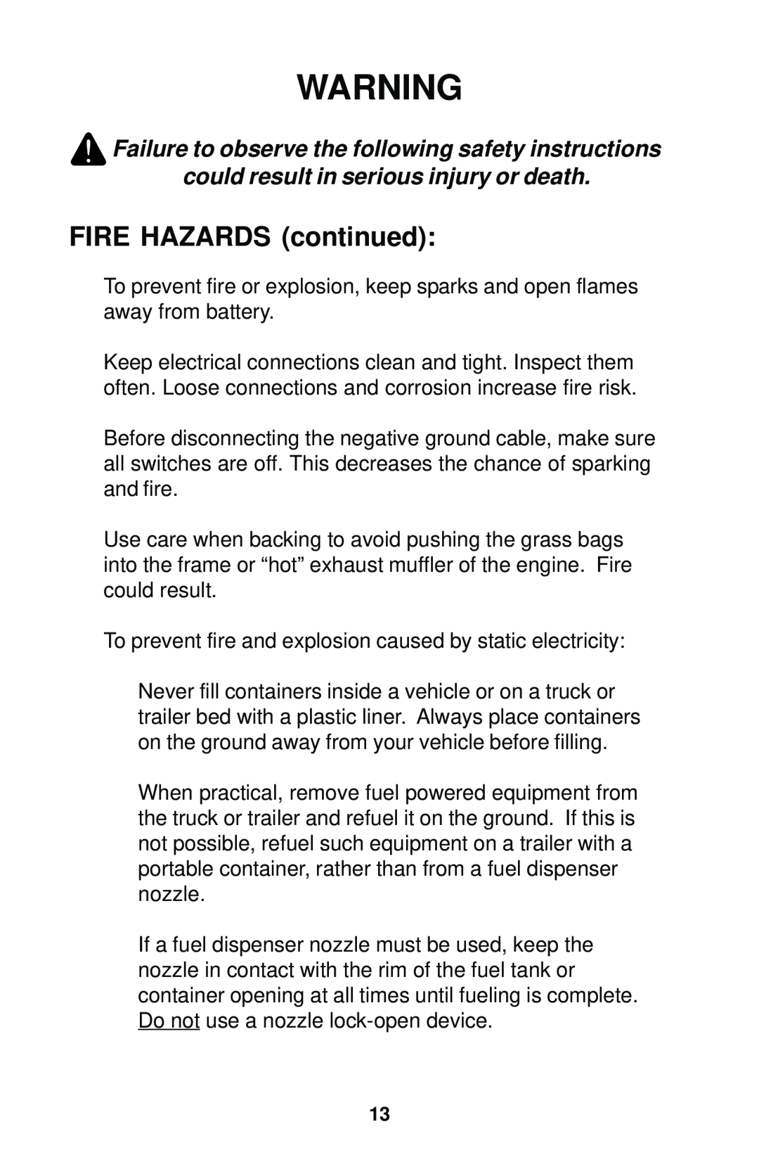 Dixon 12881-1104 manual FIRE HAZARDS continued 