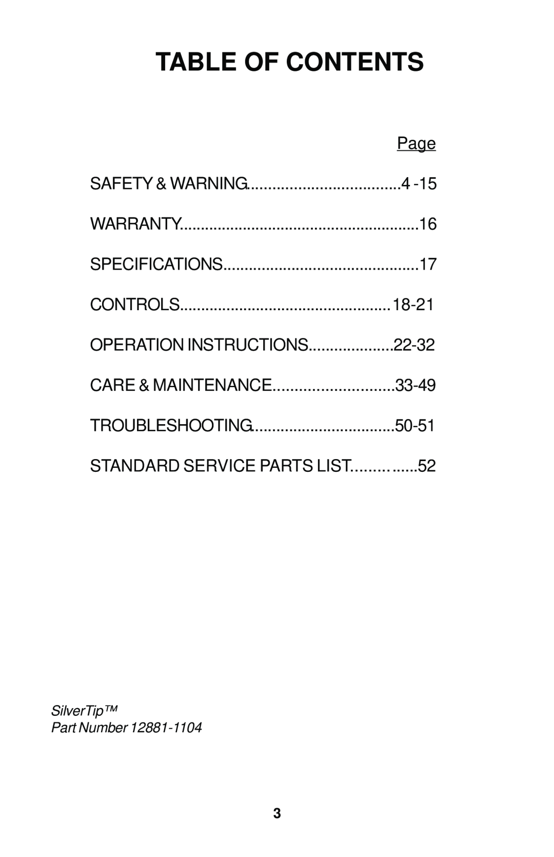 Dixon 12881-1104 manual Table Of Contents, Page, Controls, 22-32, 33-49, 50-51, Standard Service Parts List 