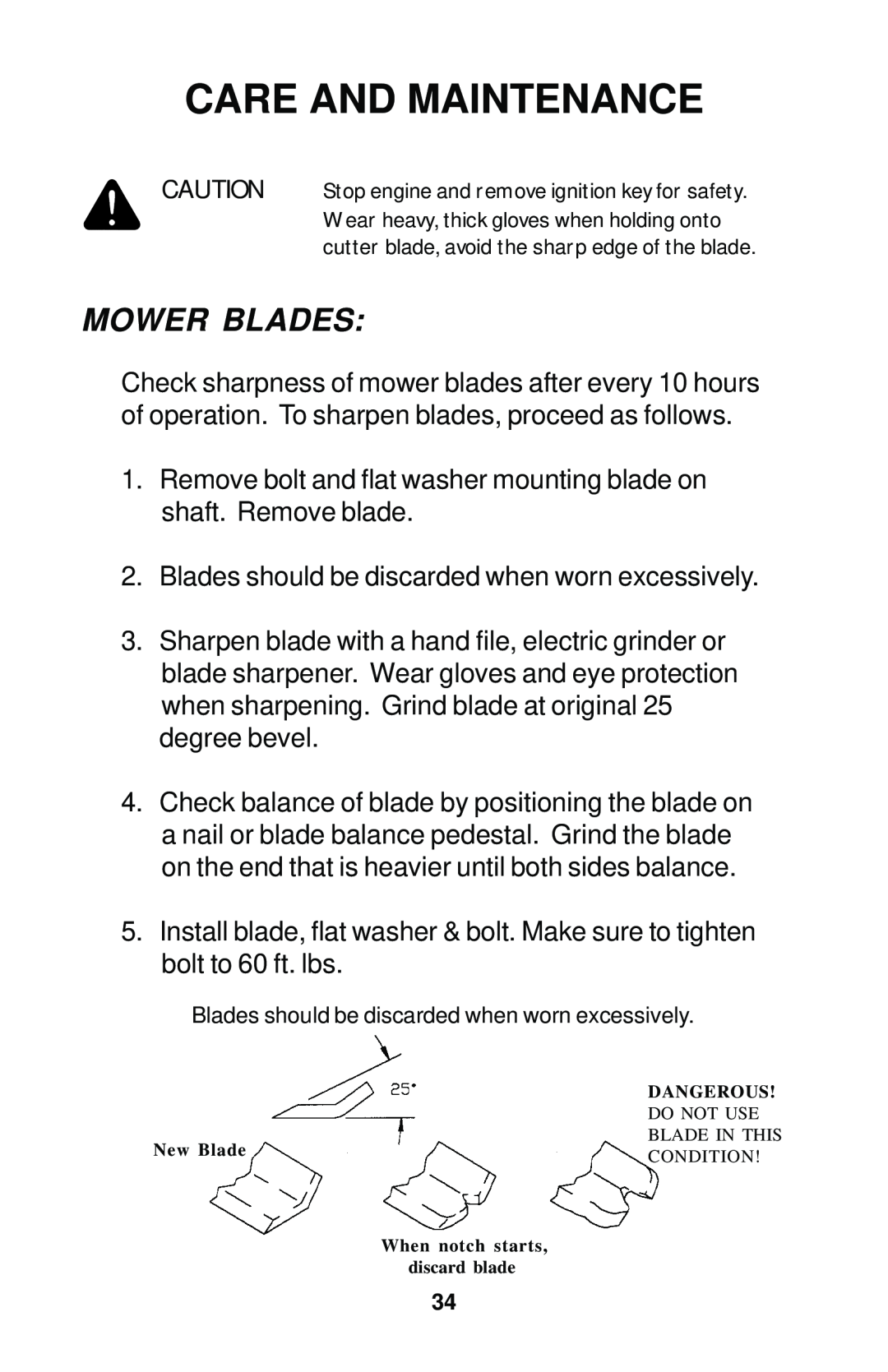 Dixon 12881-1104 manual Mower Blades, Care And Maintenance 