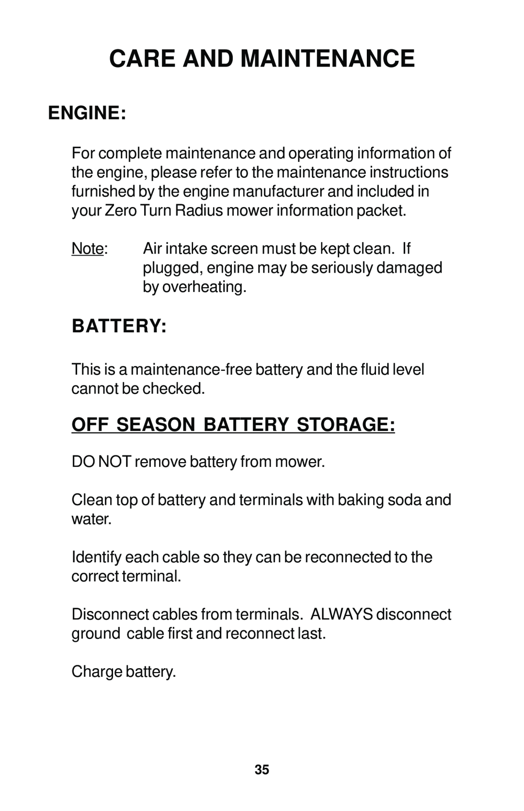 Dixon 12881-1104 manual Engine, Off Season Battery Storage, Care And Maintenance 