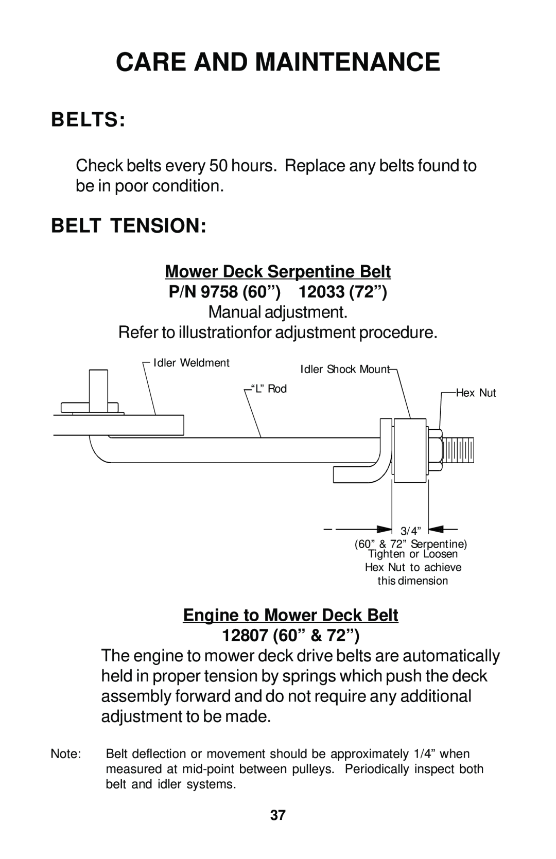 Dixon 12881-1104 manual Belts, Belt Tension, Care And Maintenance, Mower Deck Serpentine Belt P/N 9758 60” 12033 72” 