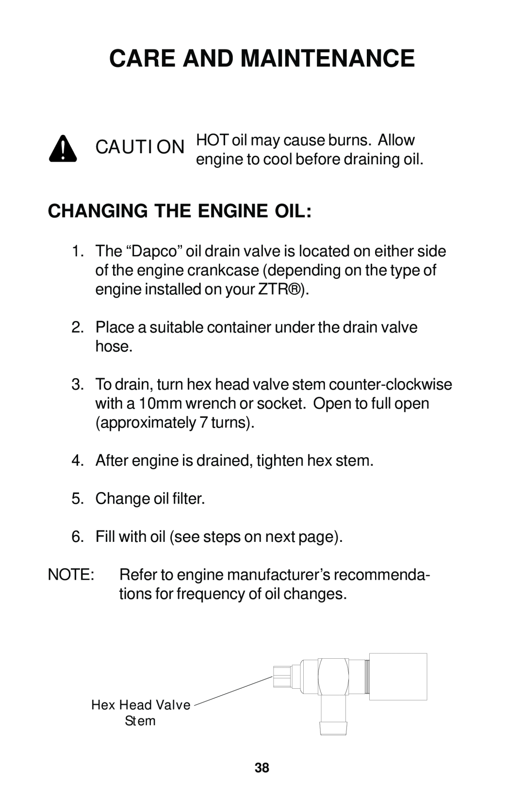 Dixon 12881-1104 manual Changing The Engine Oil, Care And Maintenance 