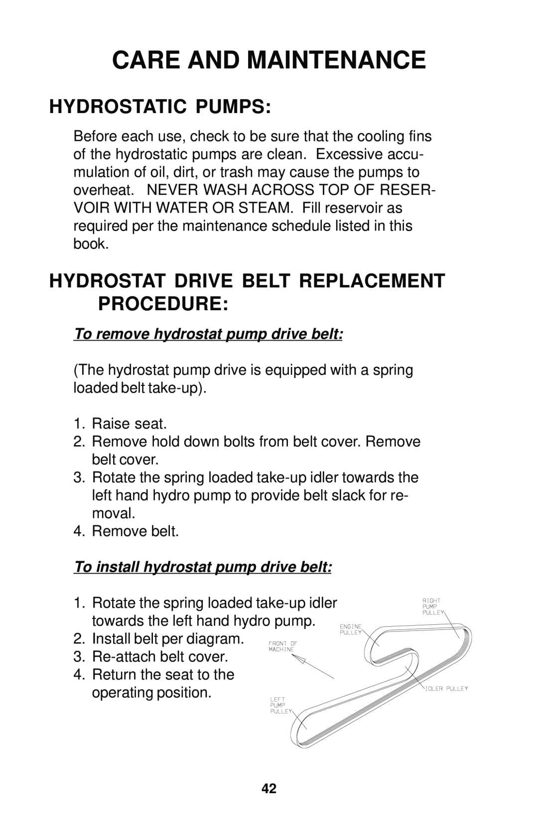 Dixon 12881-1104 manual Hydrostatic Pumps, Hydrostat Drive Belt Replacement Procedure, Care And Maintenance 