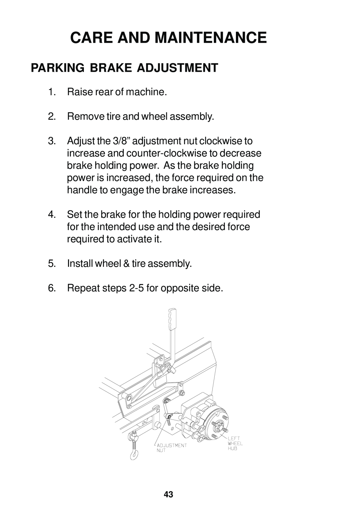 Dixon 12881-1104 manual Parking Brake Adjustment, Care And Maintenance 