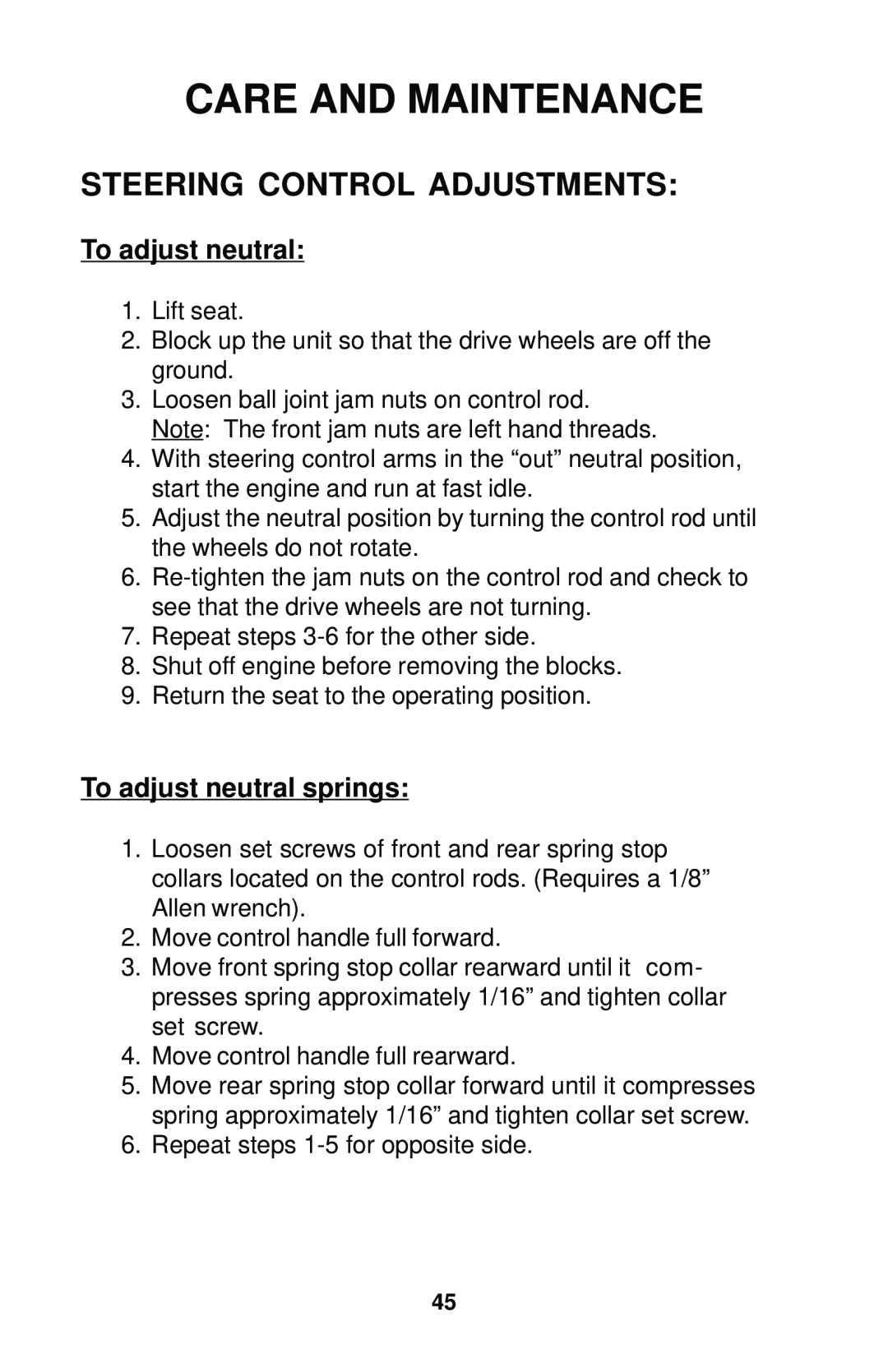 Dixon 12881-1104 manual Steering Control Adjustments, Care And Maintenance, To adjust neutral springs 