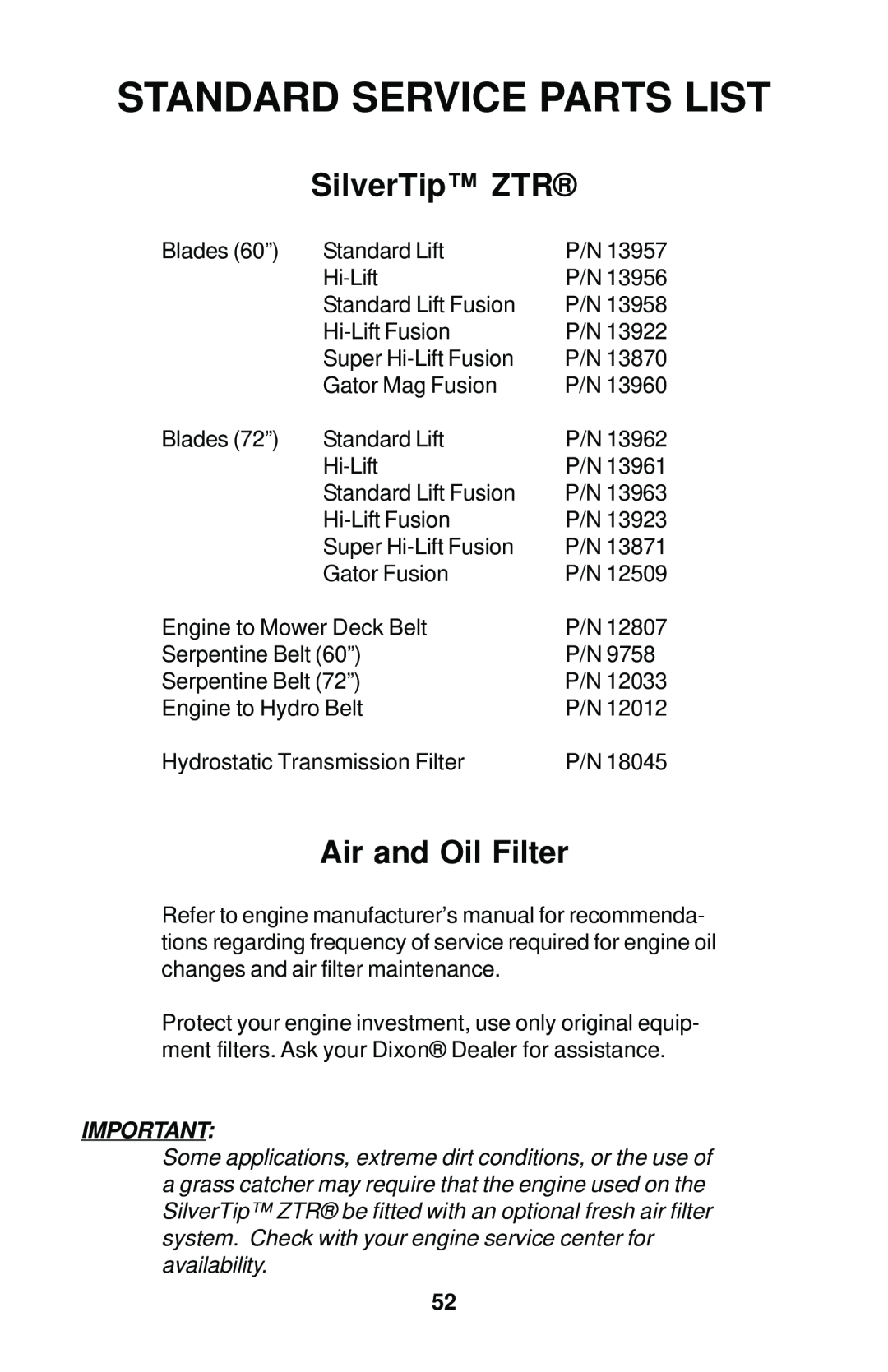 Dixon 12881-1104 manual Standard Service Parts List, SilverTip ZTR, Air and Oil Filter 