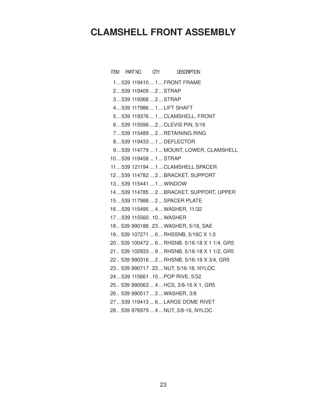 Dixon 130211 - DCKC, 130212 - DCRC manual Clamshell Front Assembly 