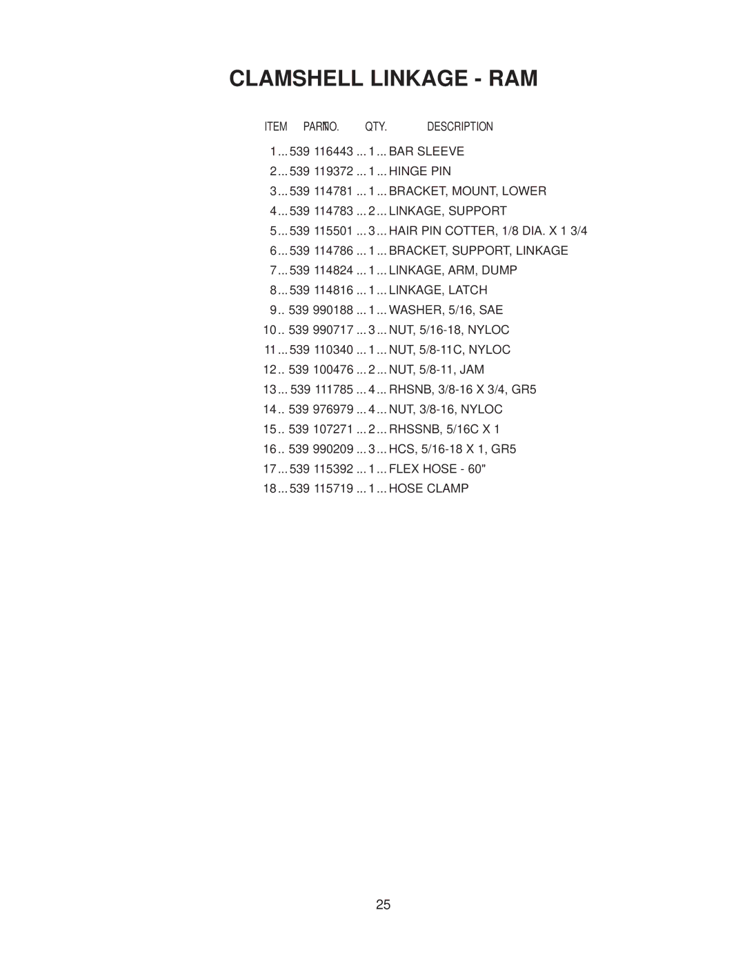 Dixon 130211 - DCKC, 130212 - DCRC manual Clamshell Linkage RAM 