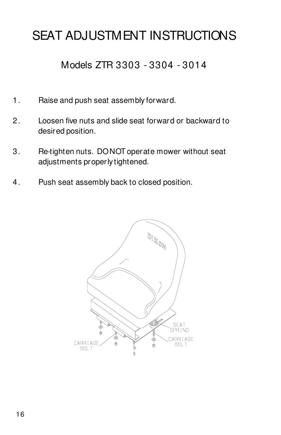 Dixon 13086-0601 manual Seat Adjustment Instructions, Models ZTR 3303 3304 