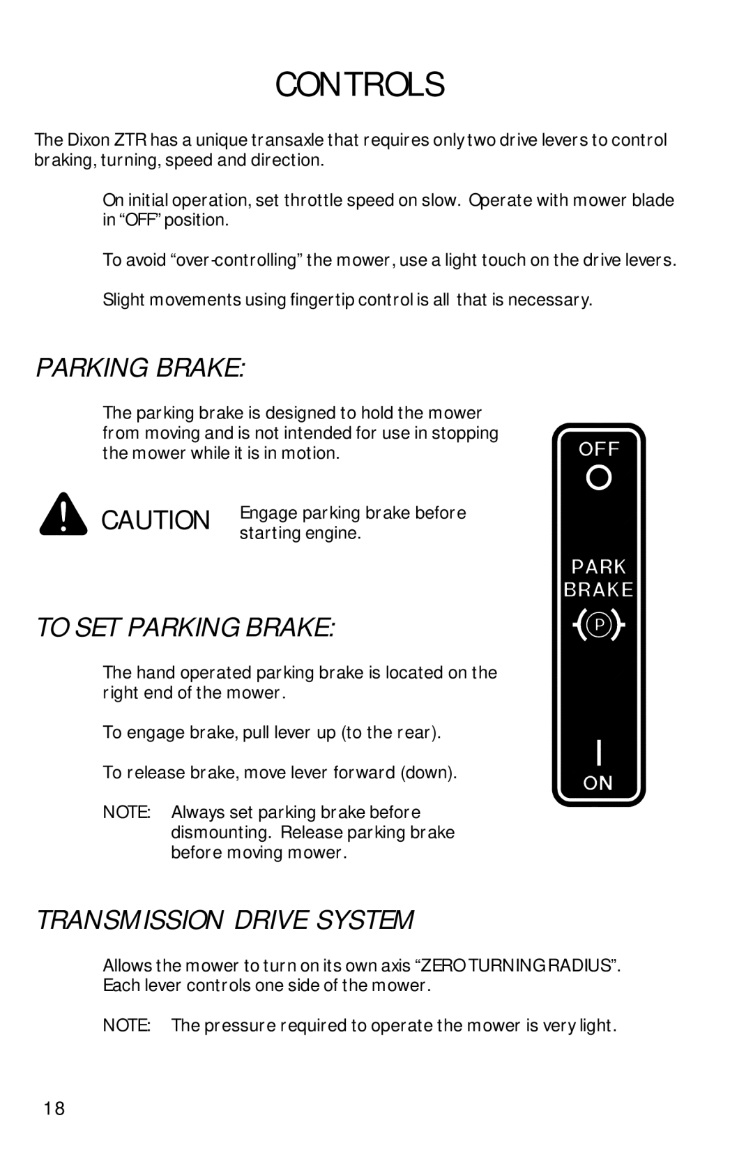 Dixon 13086-0601 manual To SET Parking Brake, Transmission Drive System 