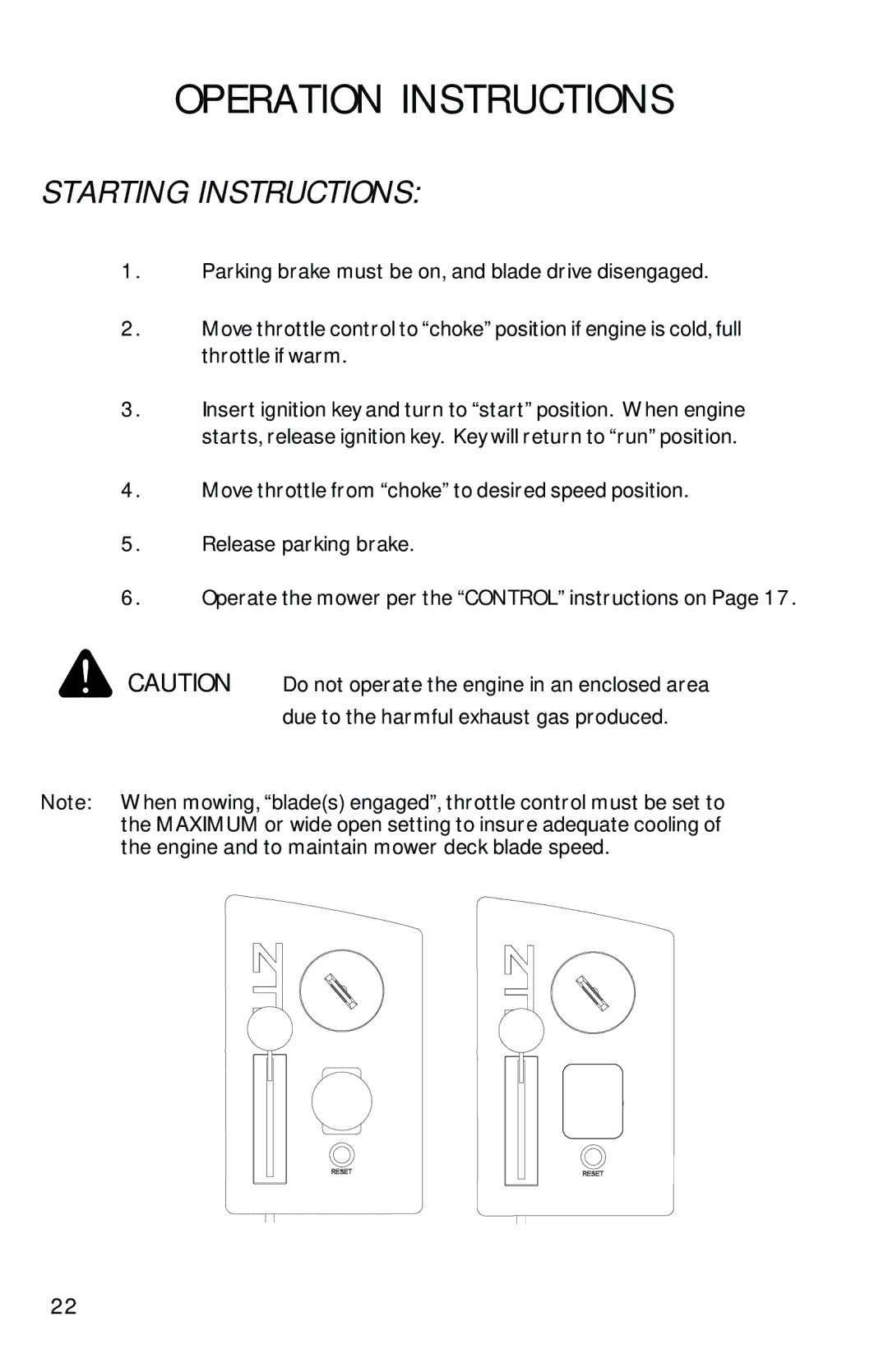 Dixon 13086-0601 manual Starting Instructions 