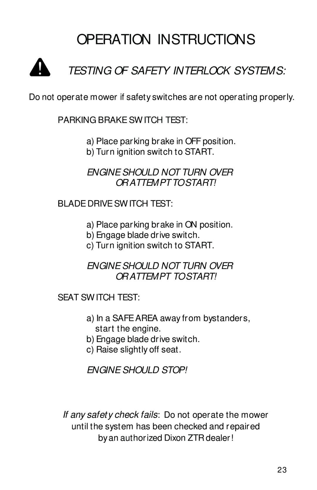 Dixon 13086-0601 manual Testing of Safety Interlock Systems 