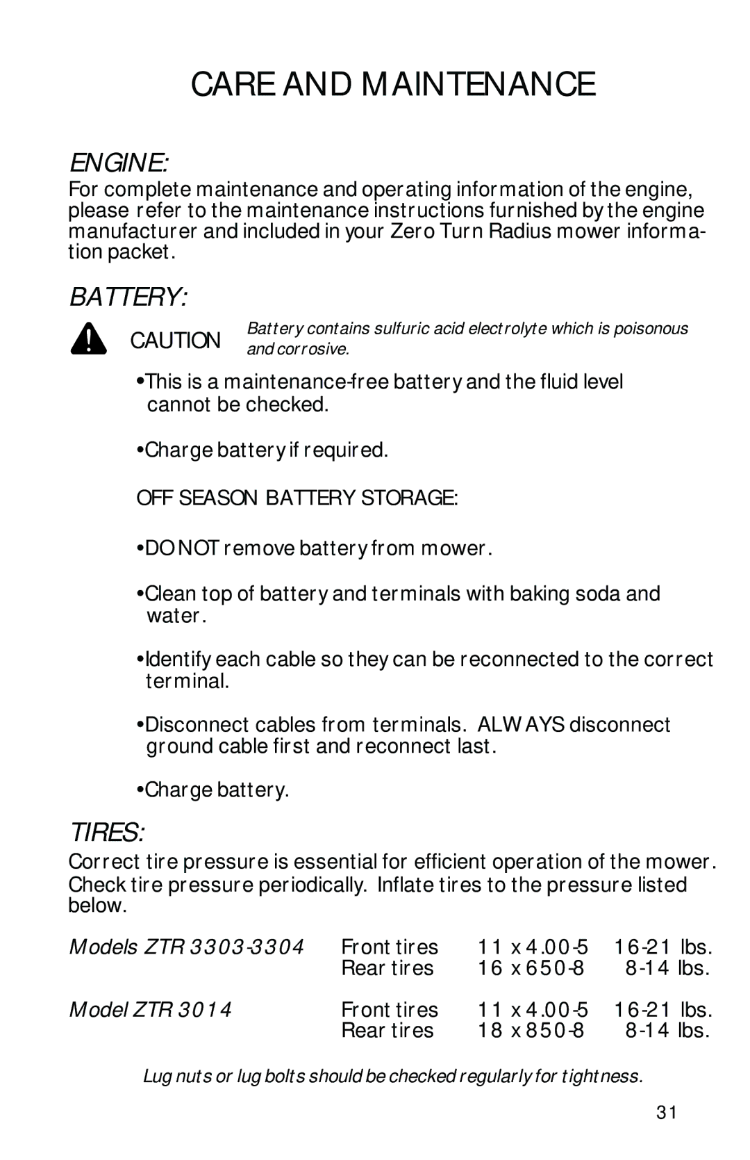 Dixon 13086-0601 manual Engine, Battery, Tires 