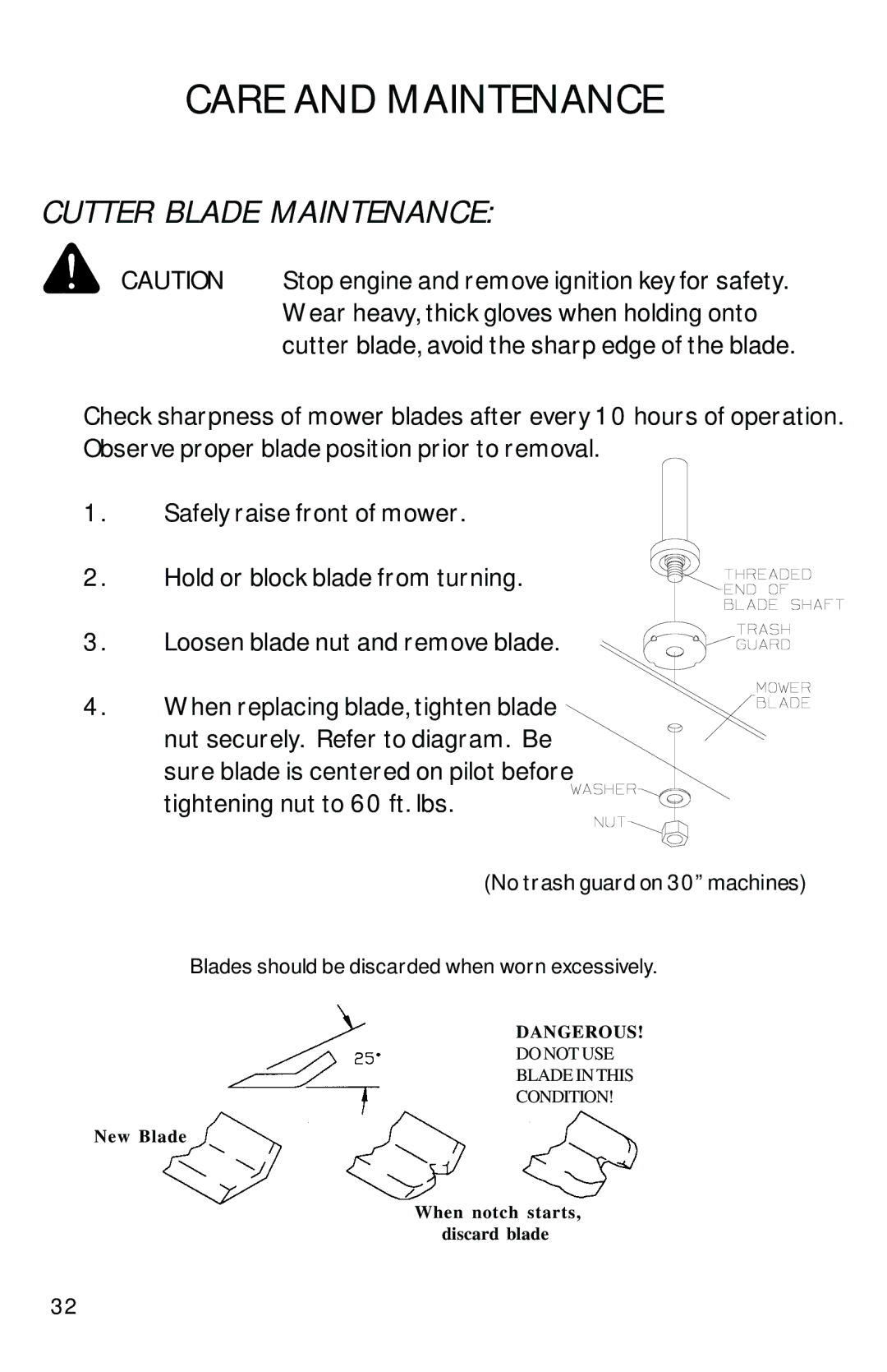 Dixon 13086-0601 manual Cutter Blade Maintenance, No trash guard on 30 machines 