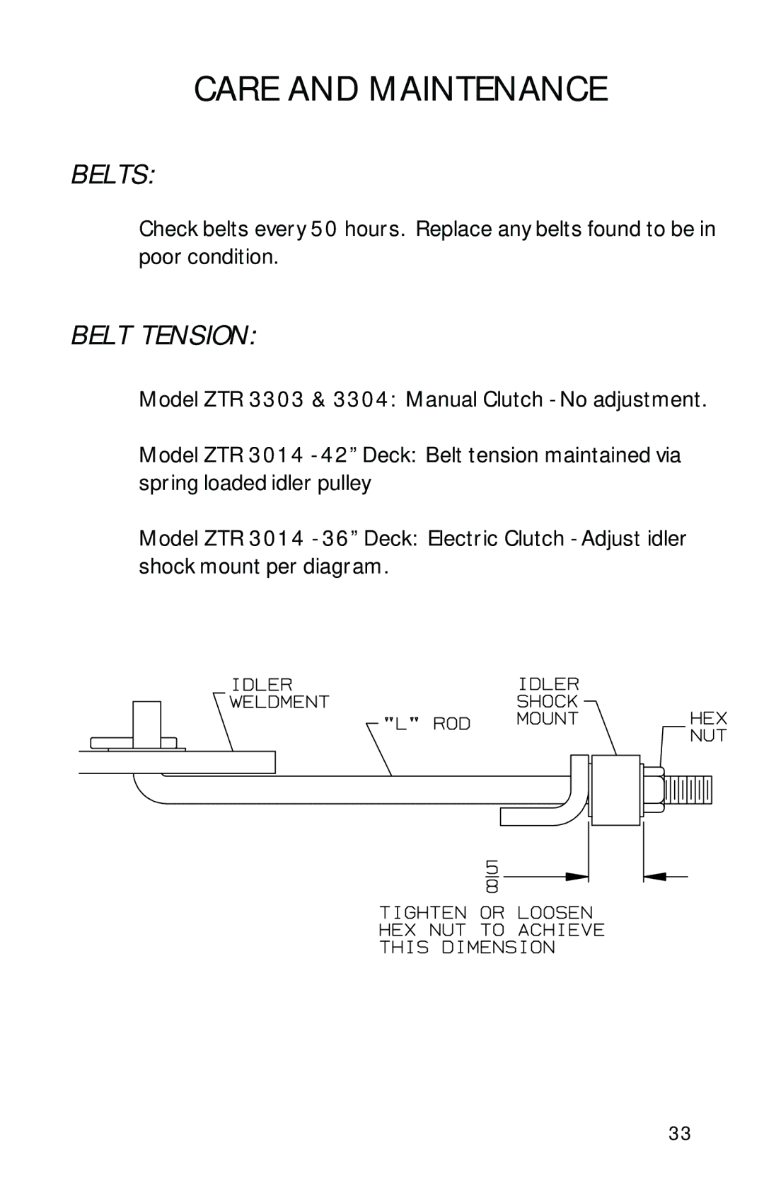 Dixon 13086-0601 manual Belts, Belt Tension 