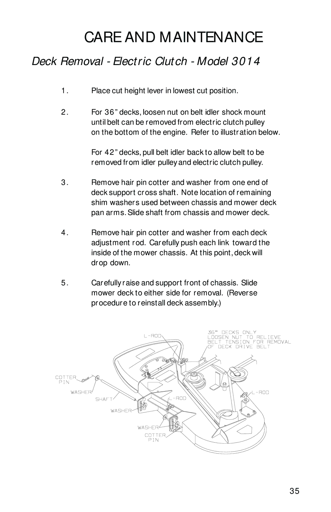 Dixon 13086-0601 manual Deck Removal Electric Clutch Model, Place cut height lever in lowest cut position 