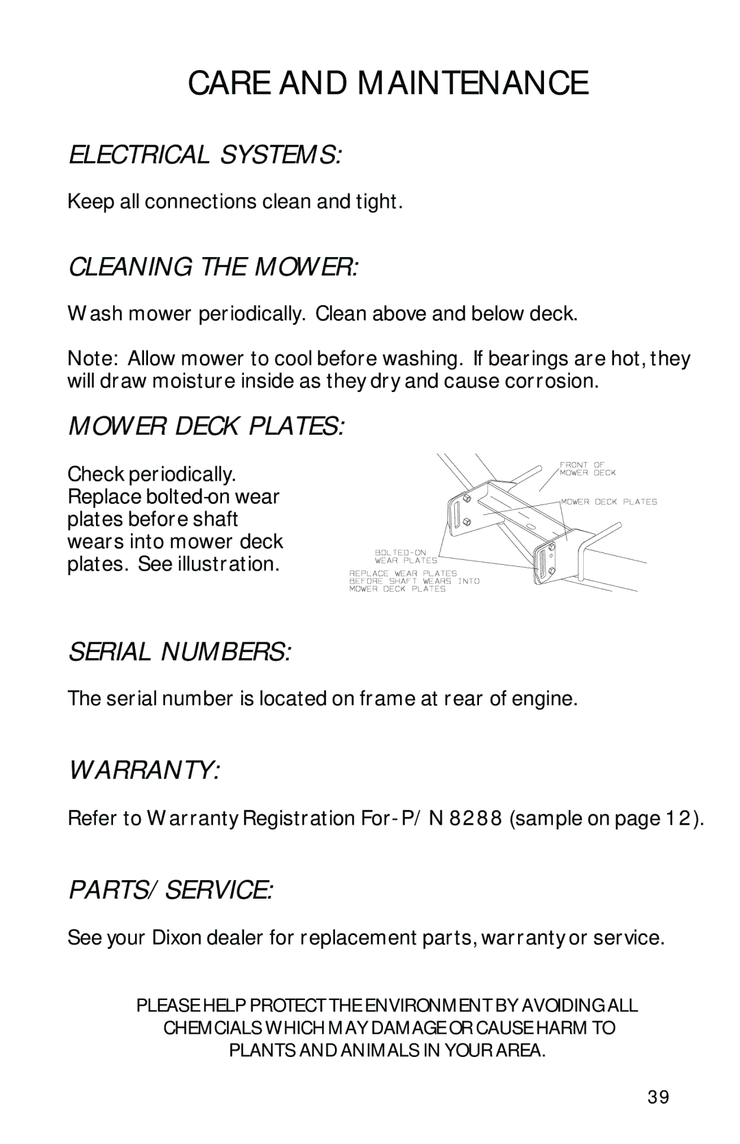 Dixon 13086-0601 manual Electrical Systems, Cleaning the Mower, Mower Deck Plates, Serial Numbers, Warranty, Parts/Service 