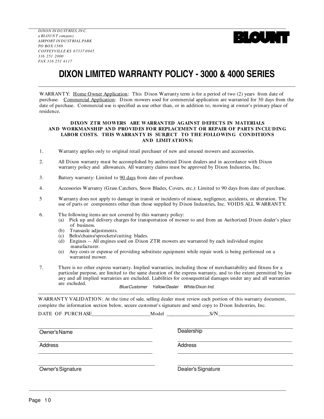 Dixon 13087-0400 manual Dixon Limited Warranty Policy 3000 & 4000 Series 