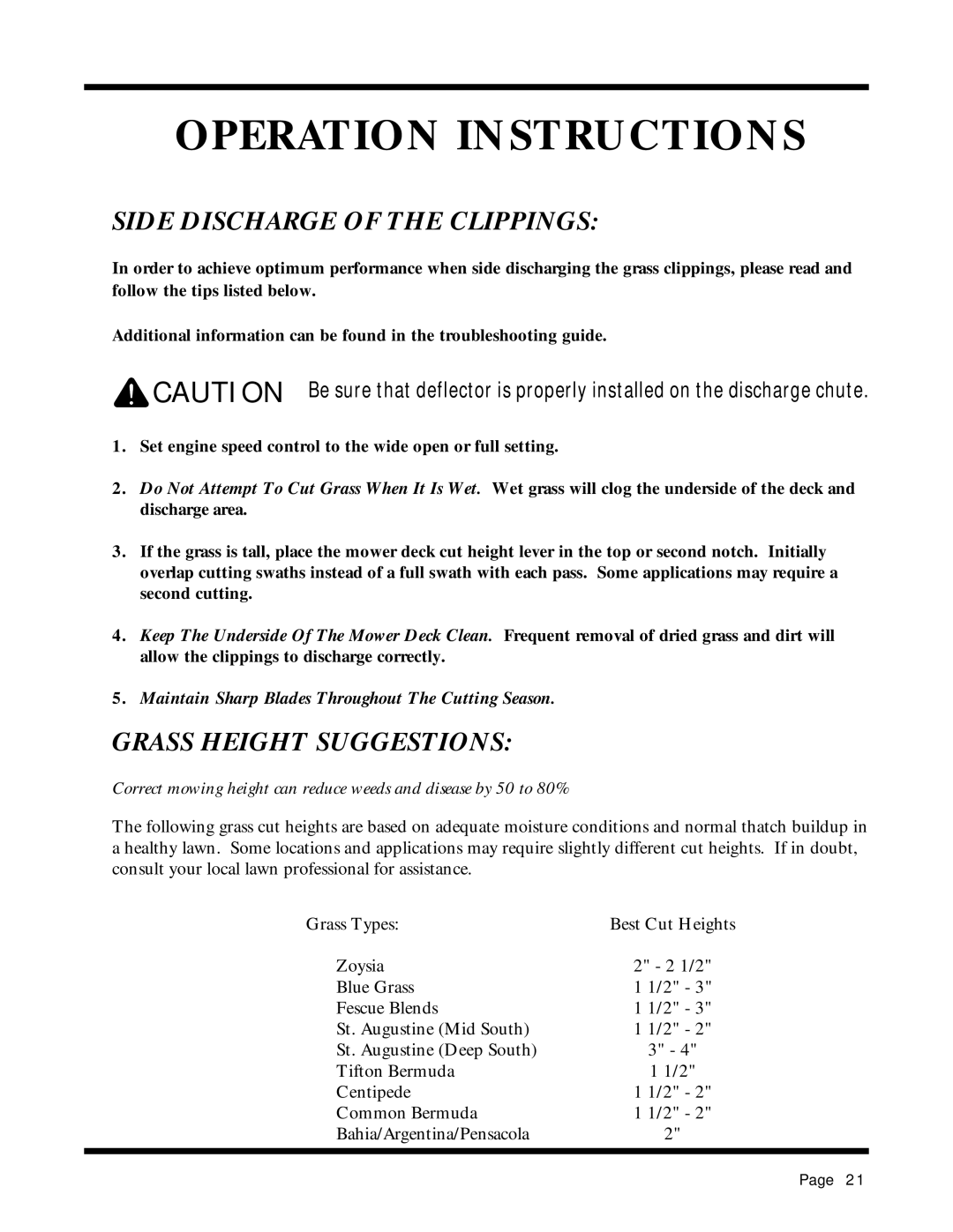 Dixon 13087-0400 manual Side Discharge of the Clippings, Grass Height Suggestions 