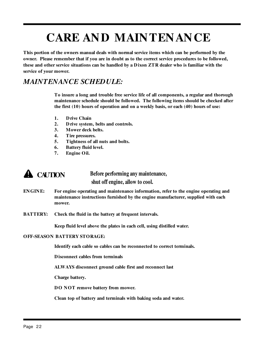 Dixon 13087-0400 manual Care and Maintenance, Maintenance Schedule, OFF-SEASON Battery Storage 