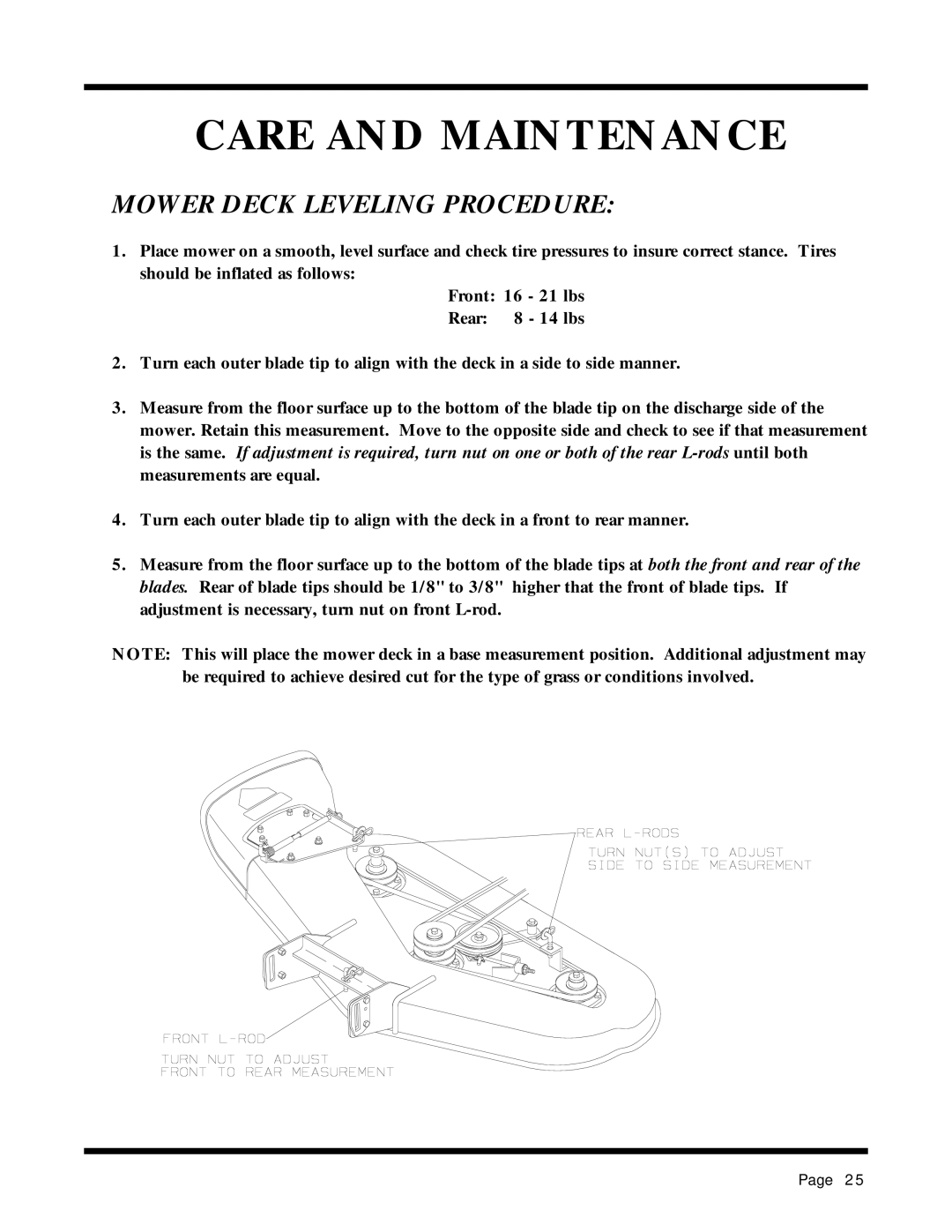 Dixon 13087-0400 manual Mower Deck Leveling Procedure 