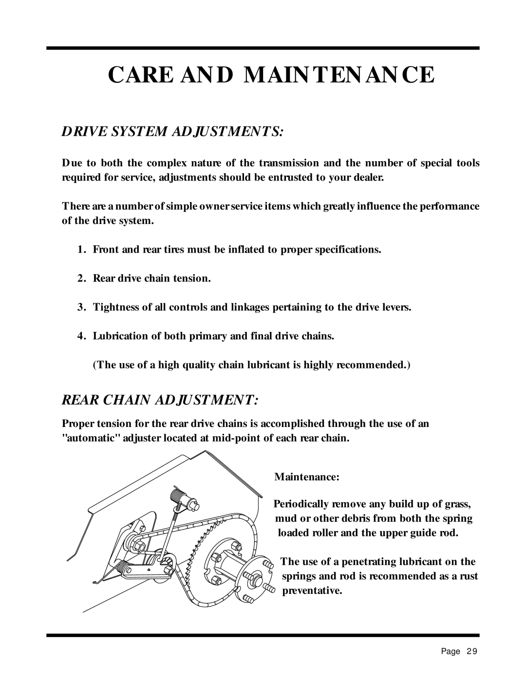 Dixon 13087-0400 manual Drive System Adjustments, Rear Chain Adjustment, Maintenance 