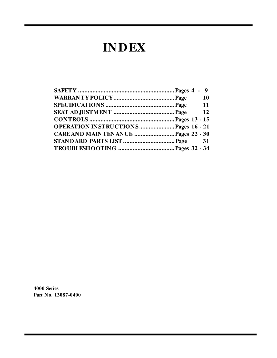 Dixon 13087-0400 manual Index, Pages 