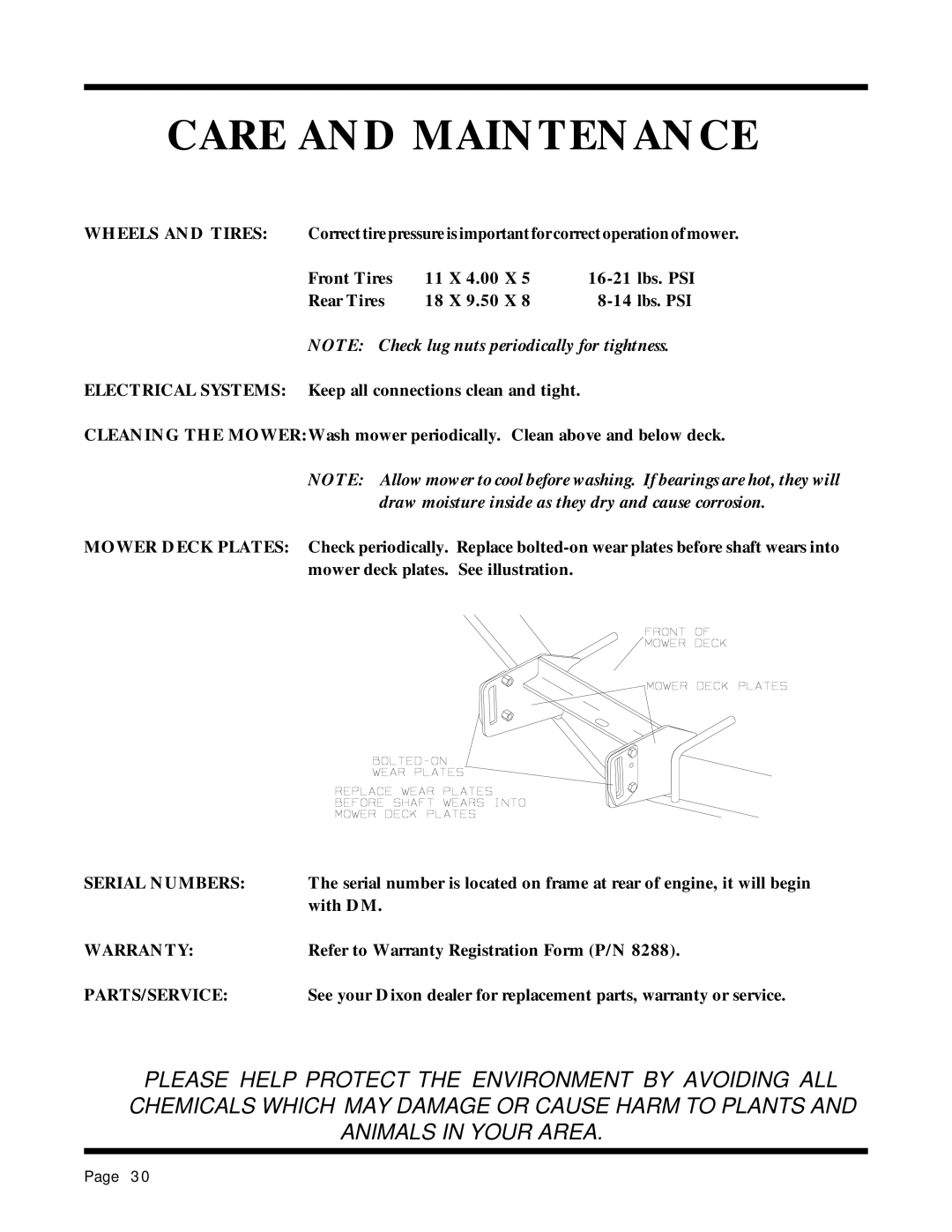 Dixon 13087-0400 manual Wheels and Tires, Serial Numbers, Warranty, Parts/Service 