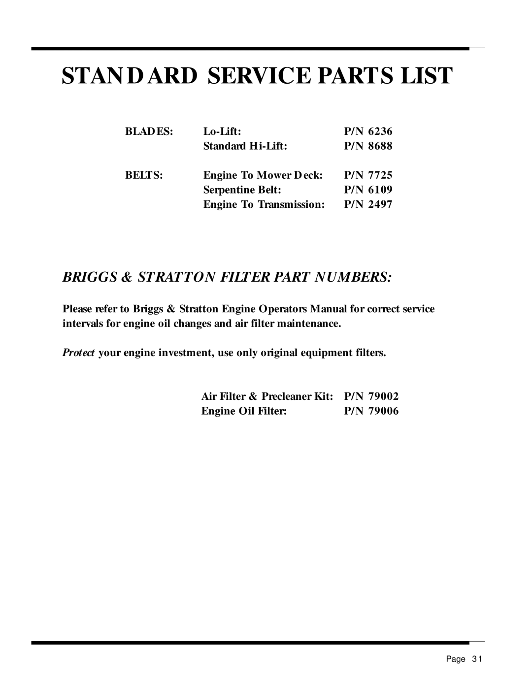 Dixon 13087-0400 manual Standard Service Parts List, Briggs & Stratton Filter Part Numbers, Lo-Lift Standard Hi-Lift 