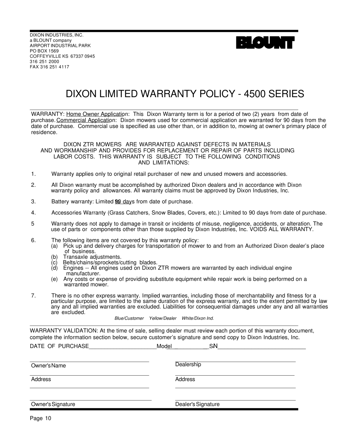 Dixon 13088-1100A manual Dixon Limited Warranty Policy 4500 Series 