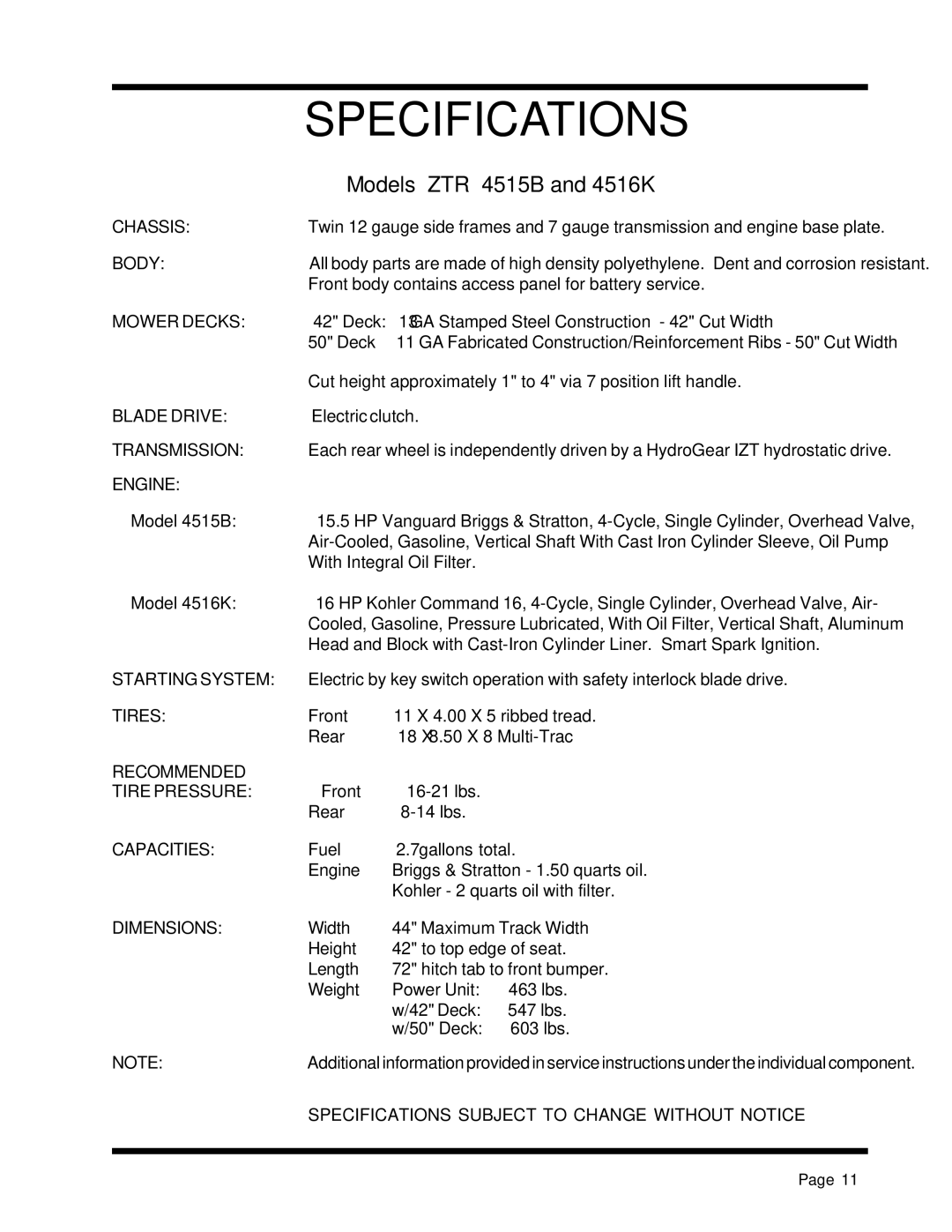 Dixon 13088-1100A manual Specifications, Models ZTR 4515B and 4516K 