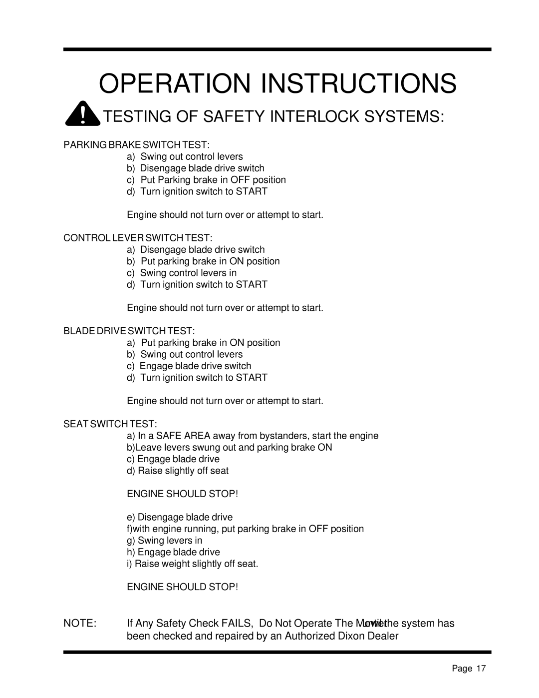 Dixon 13088-1100A manual Testing of Safety Interlock Systems, Parking Brake Switch Test 